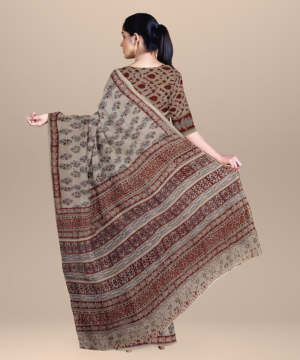 Beige maroon blue cotton handloom block printed kalamkari saree