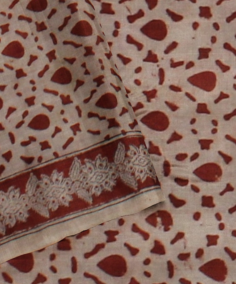 Beige maroon blue cotton handloom block printed kalamkari saree