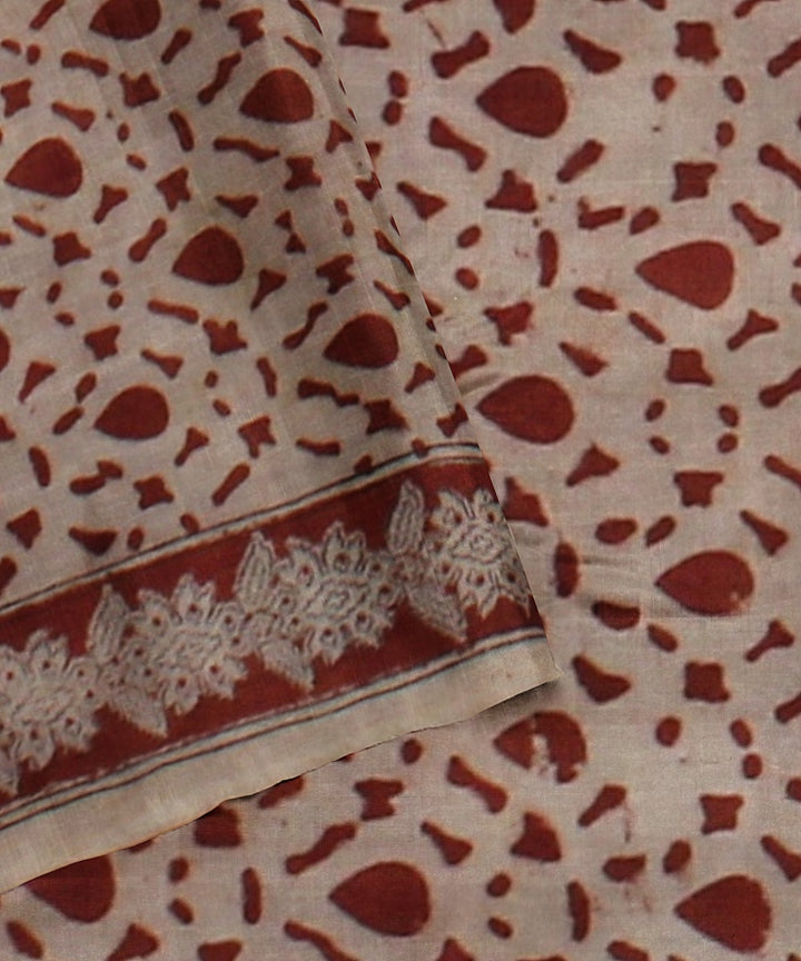 Beige maroon blue cotton handloom block printed kalamkari saree