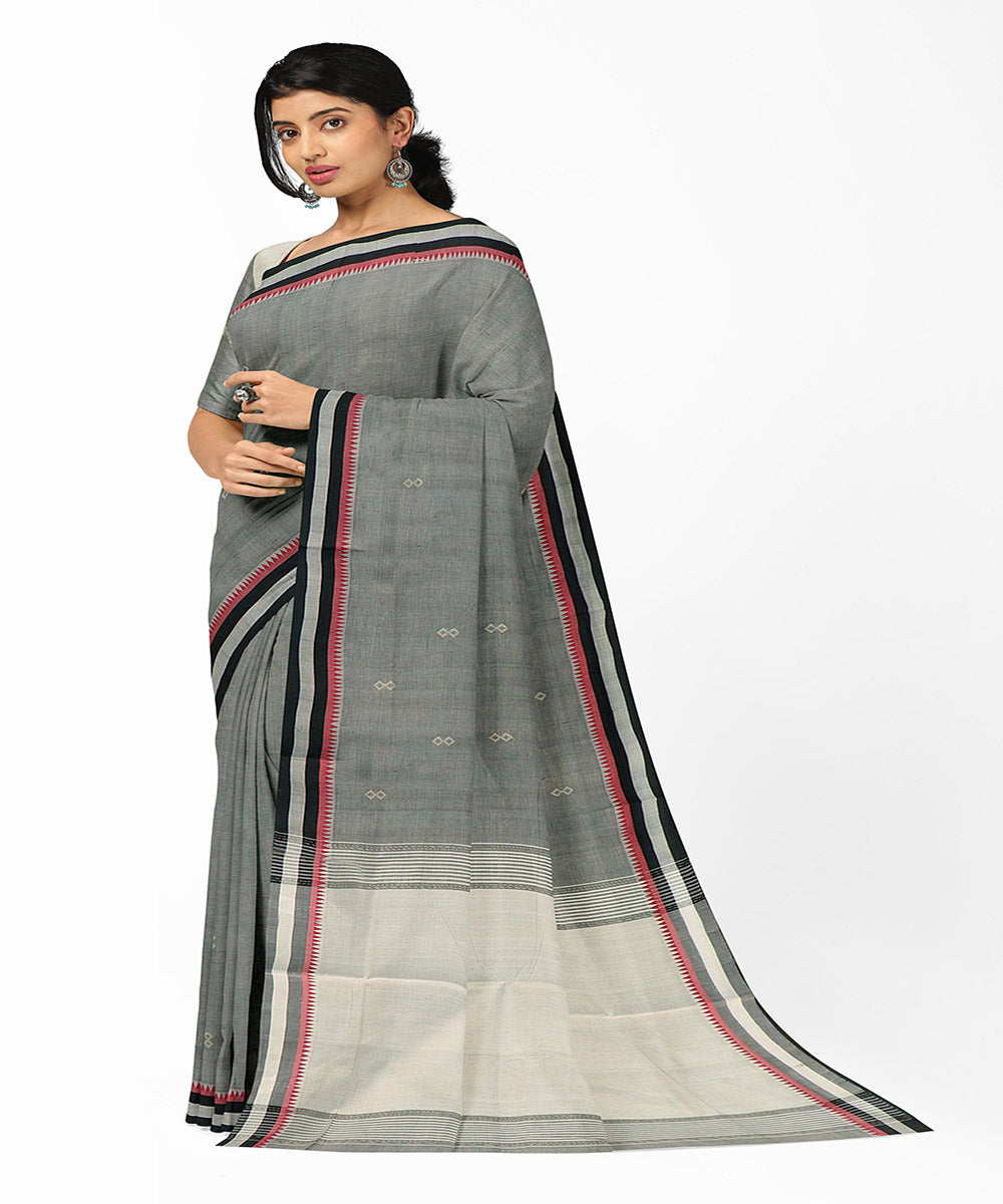 Grey plain butta rajahmundry handwoven cotton saree