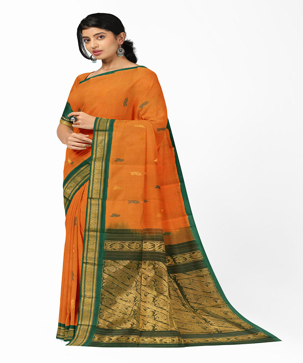 Orange green plain butta handwoven rajahmundry cotton saree