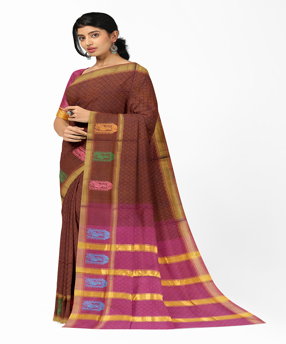 Chocolate brown plain butta handwoven rajahmundry cotton saree