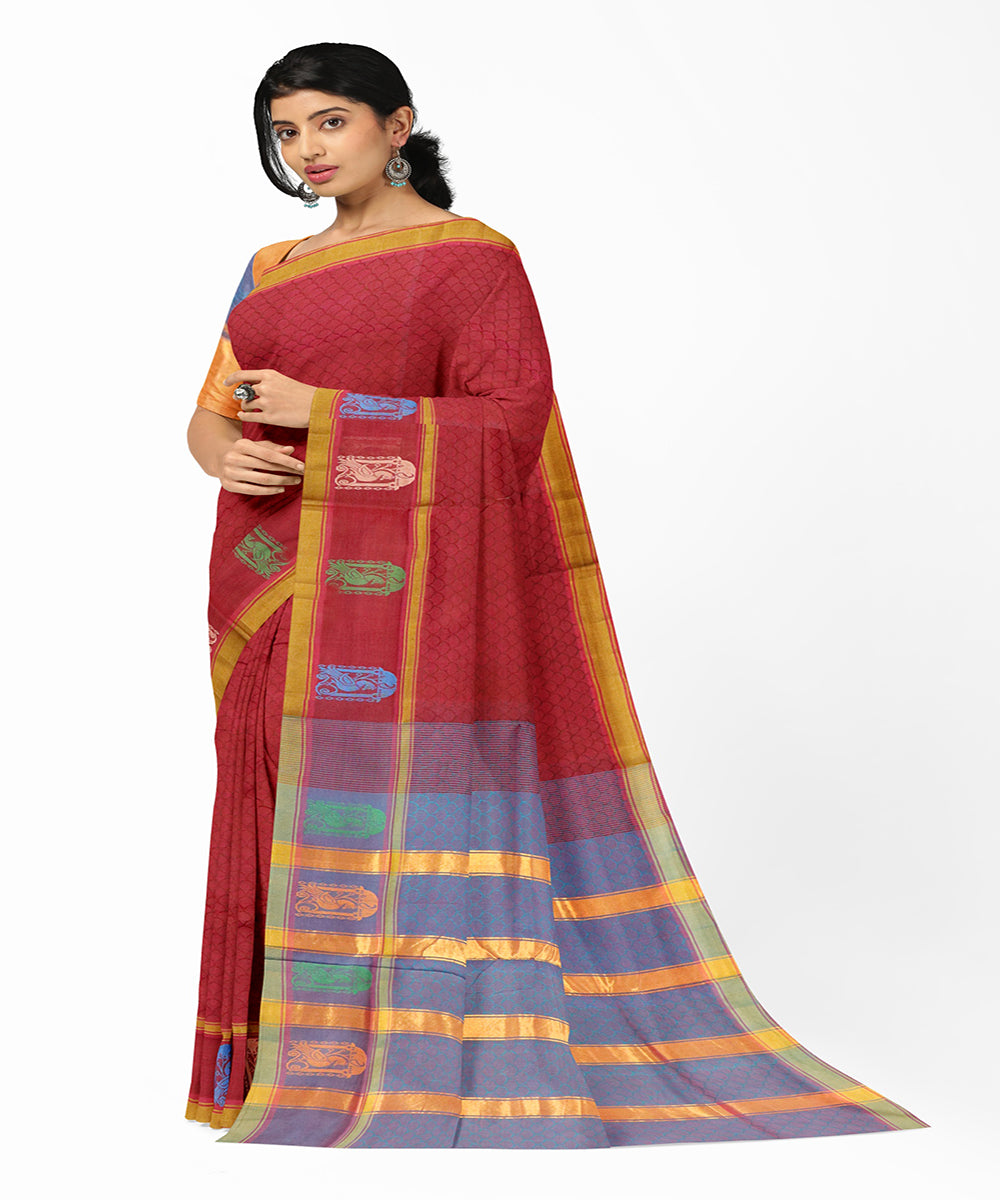 Brick red plain butta handwoven rajahmundry cotton saree