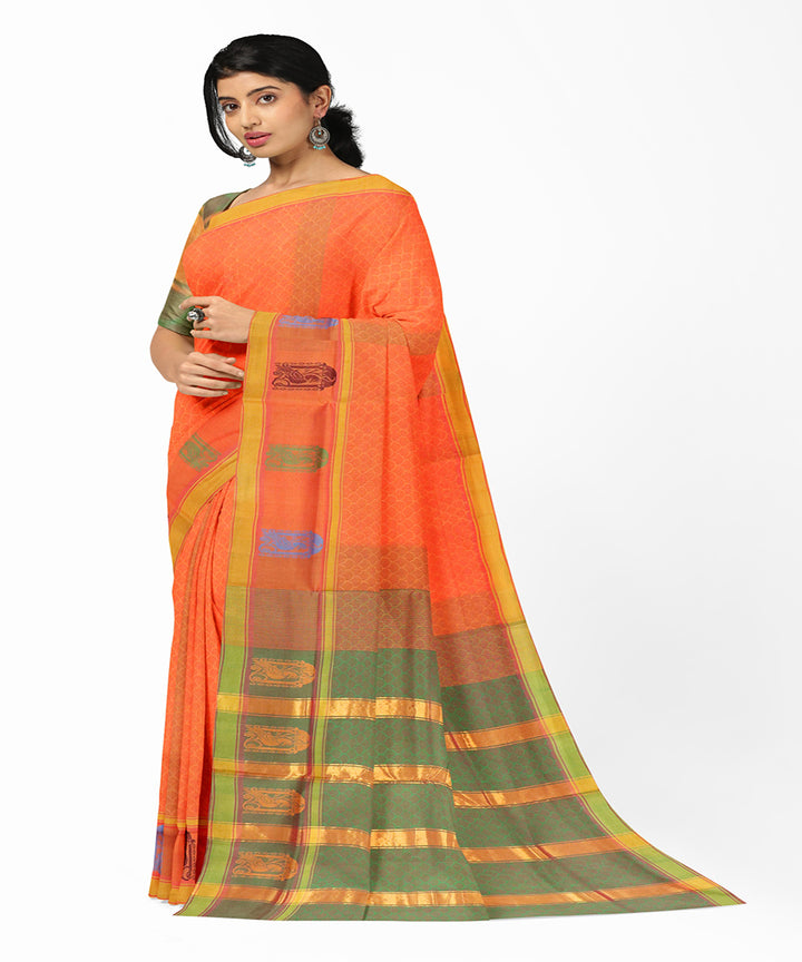 Orange plain butta handwoven rajahmundry cotton saree