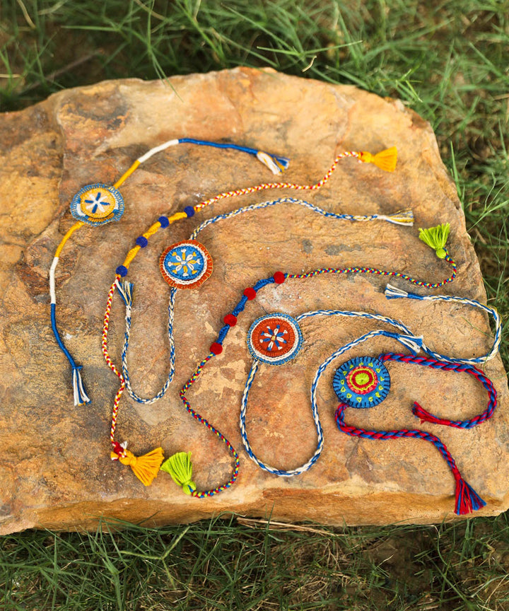 Hand embroidered yellow blue rakhi loomba set