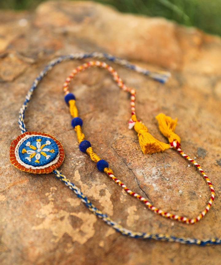 Blue yellow hand embroidered rakhi loomba set