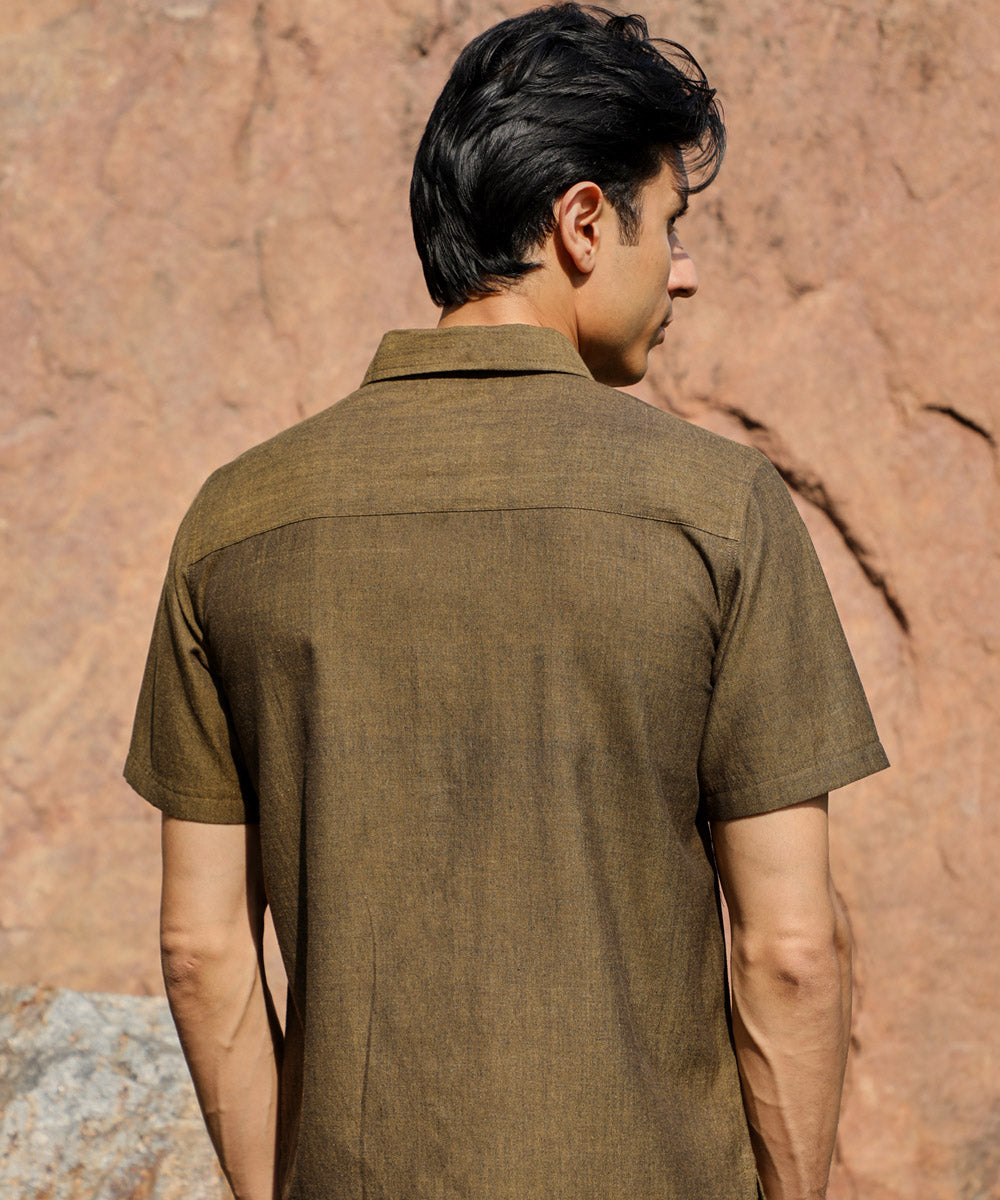 Ronin olive green handcrafted cotton half sleeve shirt