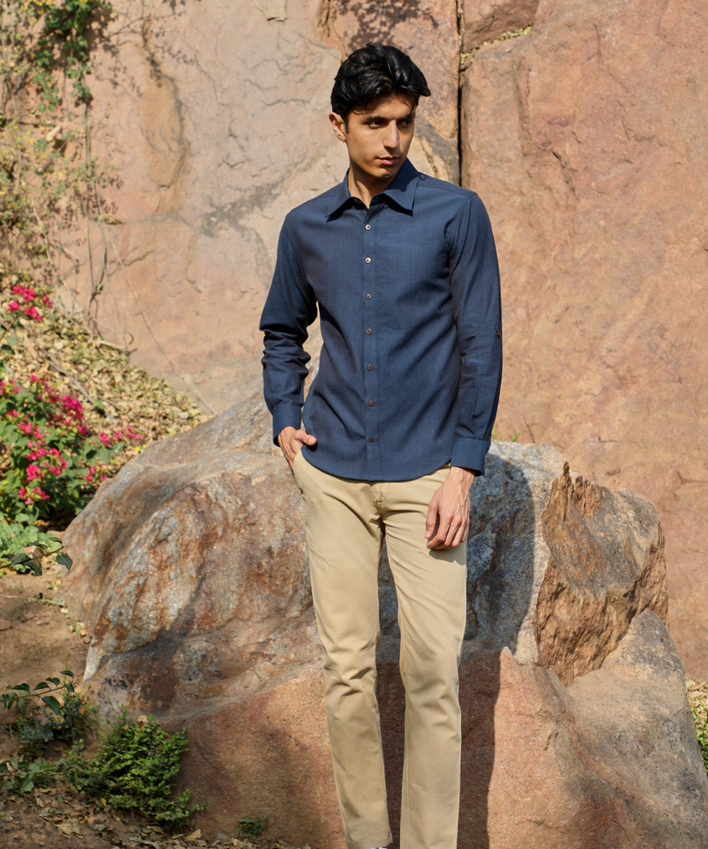 Ronin dark blue handcrafted cotton long sleeve shirt