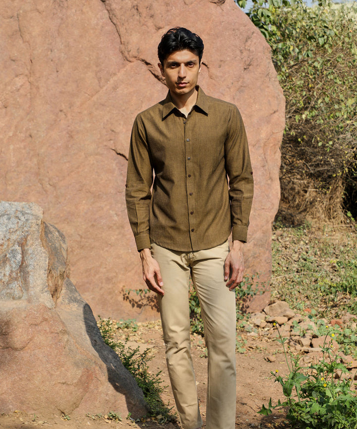 Ronin olive green handcrafted cotton long sleeve shirt