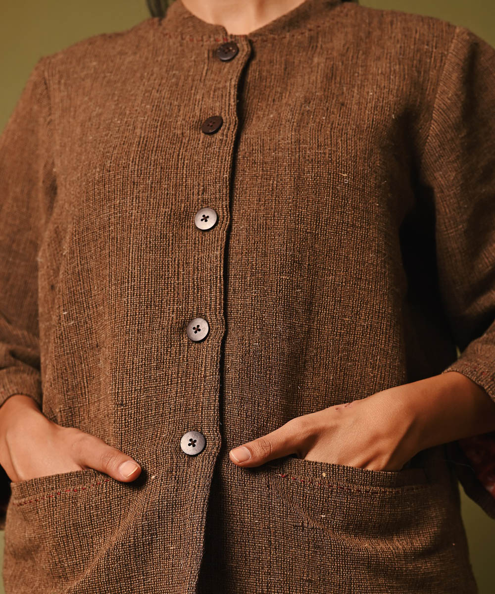Brown handwoven woolen full sleeves jacket
