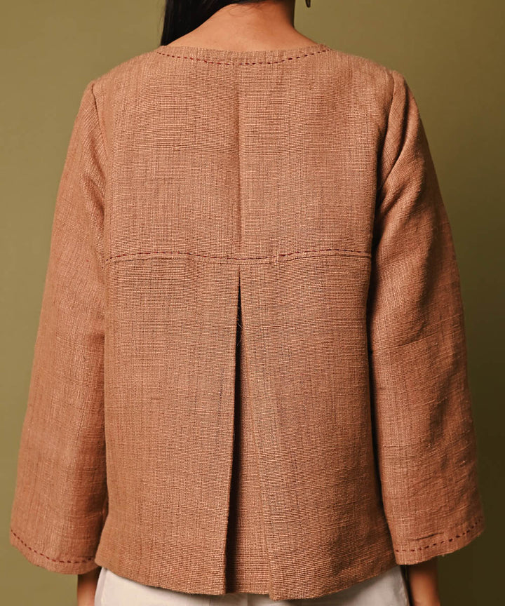 Beige handwoven woolen round neck jacket