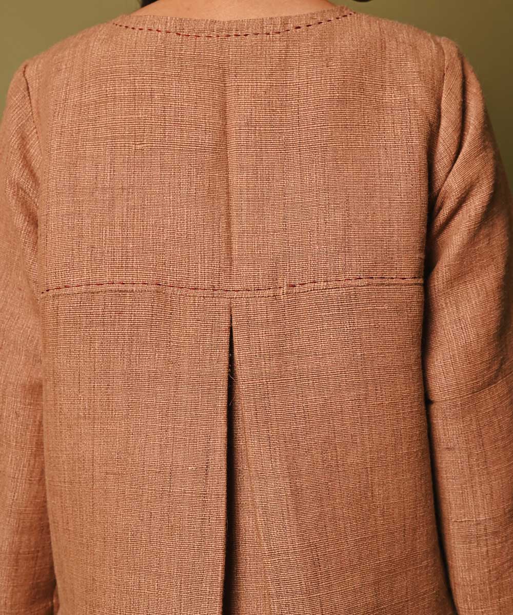 Beige handwoven woolen round neck jacket