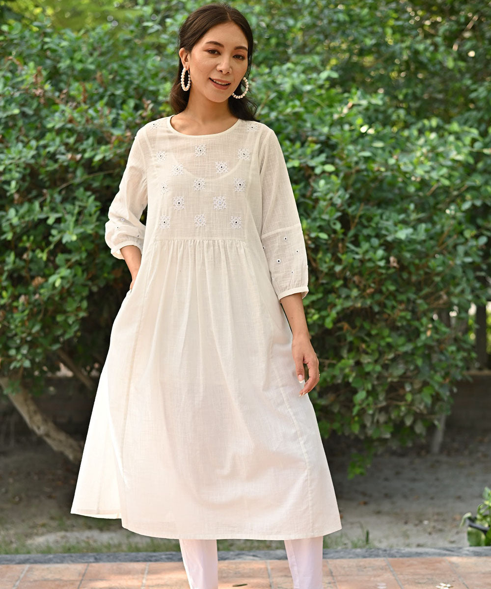 White handembroidered cotton A line dress