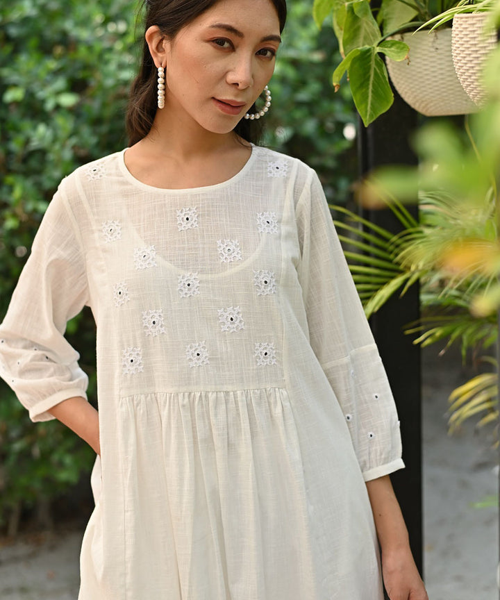 White handembroidered cotton A line dress