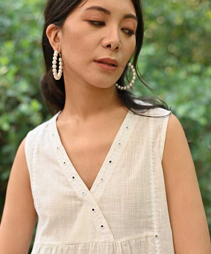 White hand embroidered cotton sleeveless top