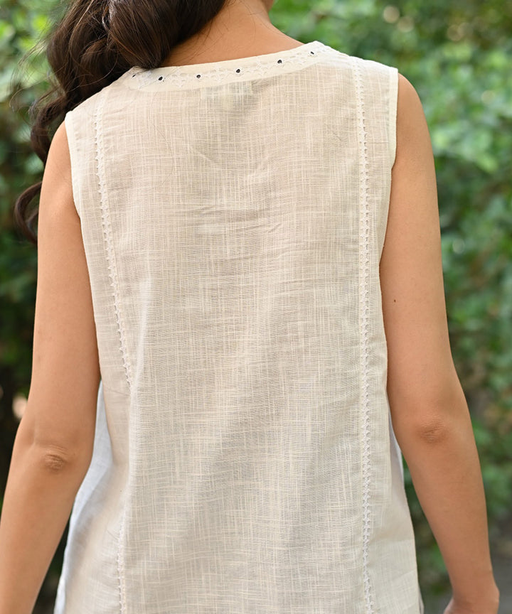 White hand embroidered cotton sleeveless top