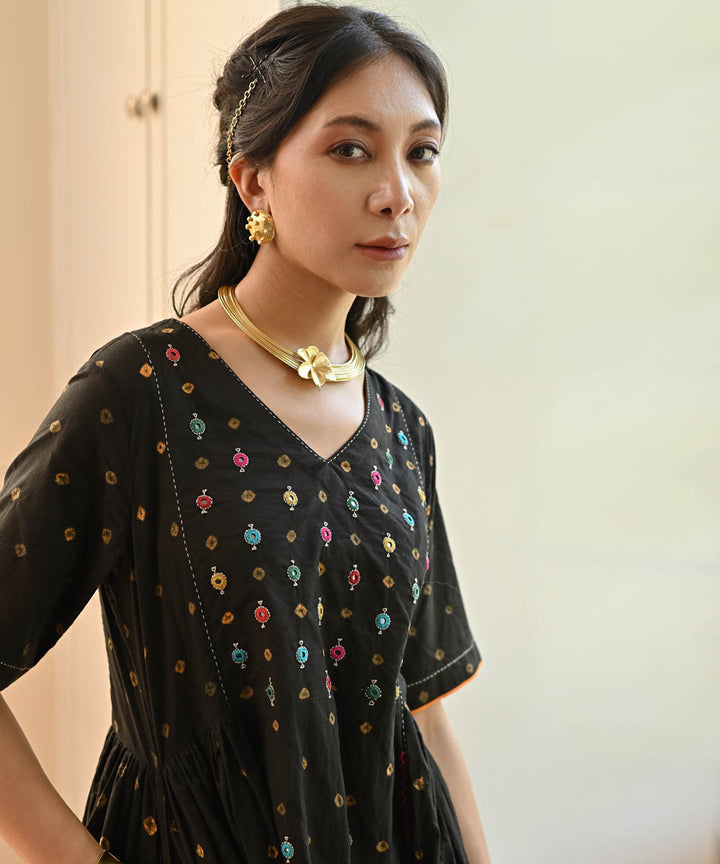 Black hand embroidered cotton bandhej dress