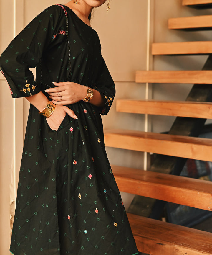 Black hand embroidered bandhej cotton dress