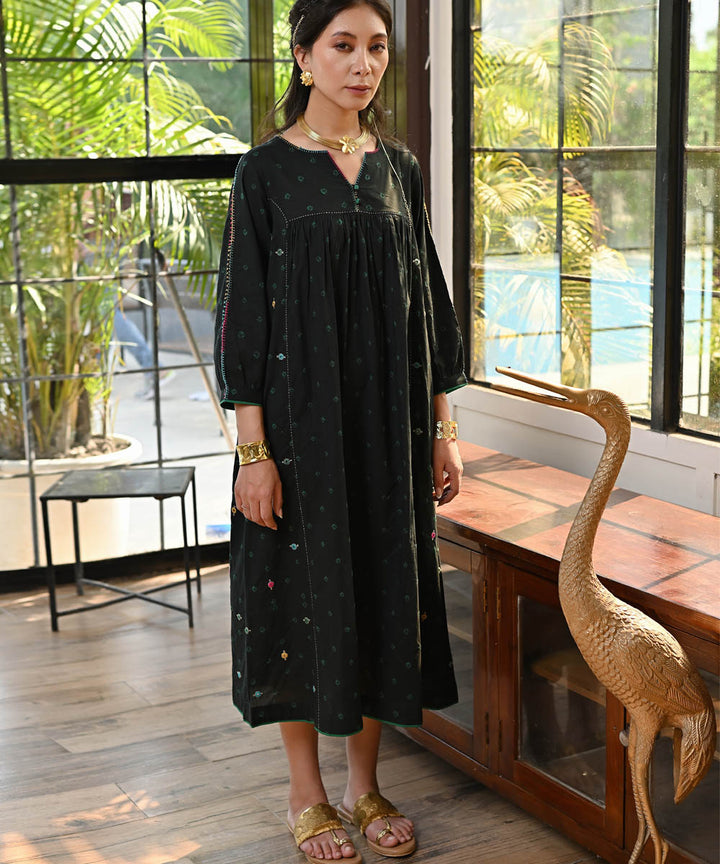 Black handembroidered bandhej cotton dress