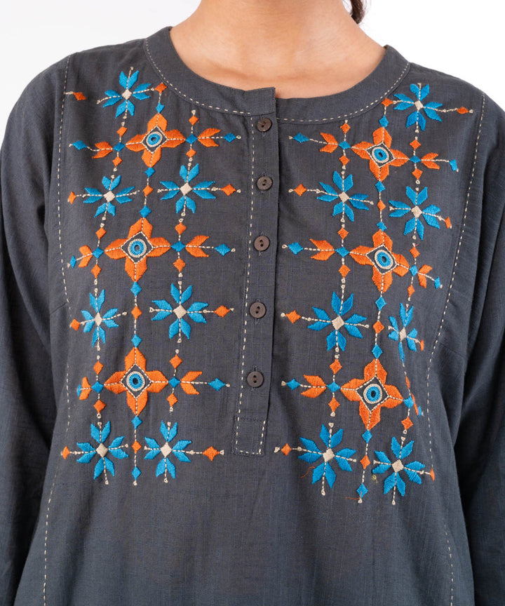 Charcoal hand embroidered cotton straight kurti