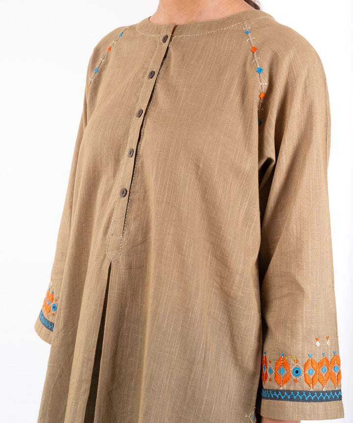Beige hand embroidered cotton flared top