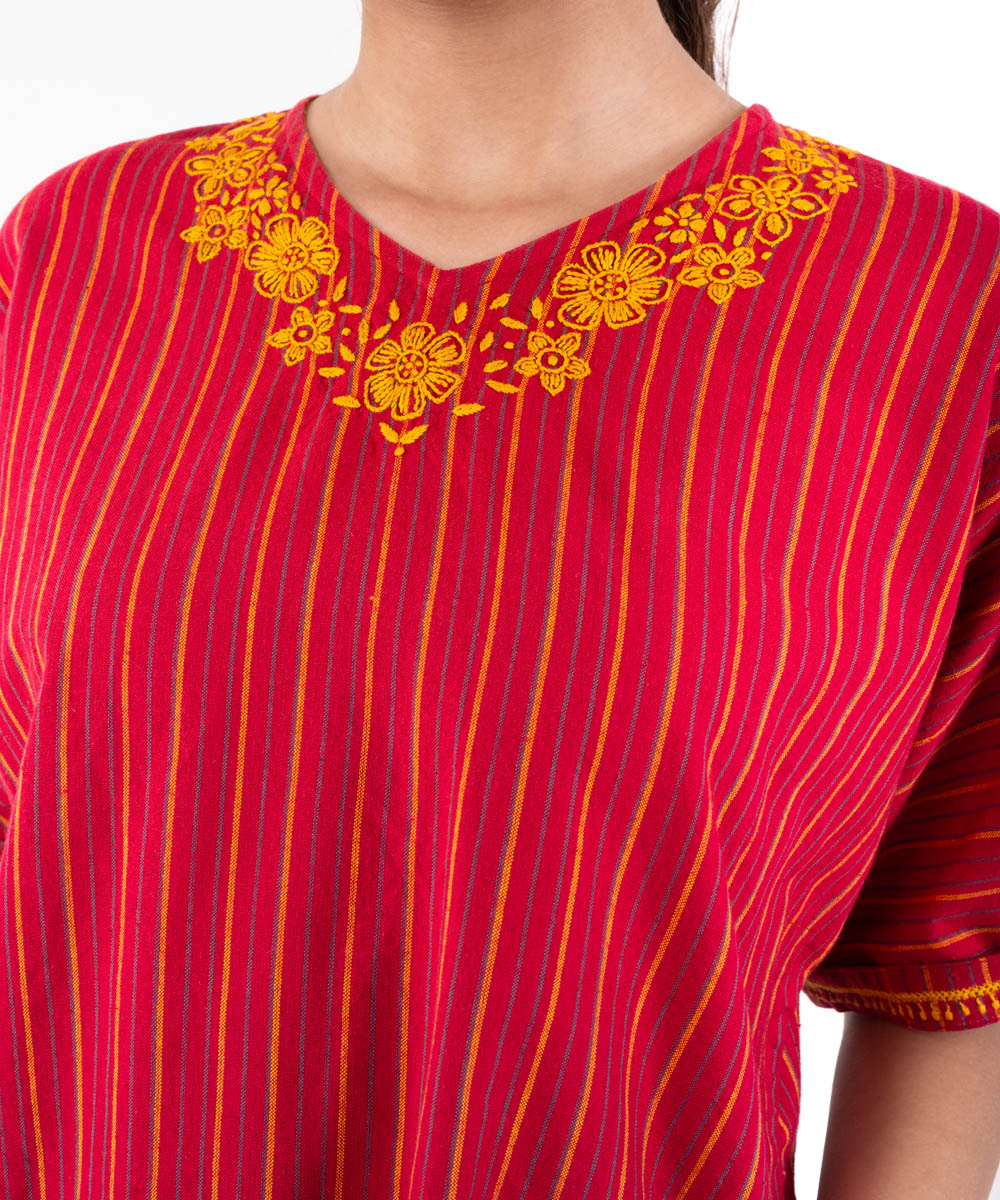 Red hand embroidered chikankari cotton top