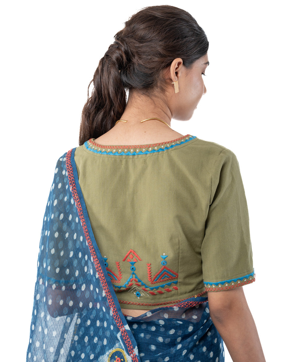 Olive handwoven embroidered cotton half sleeves blouse