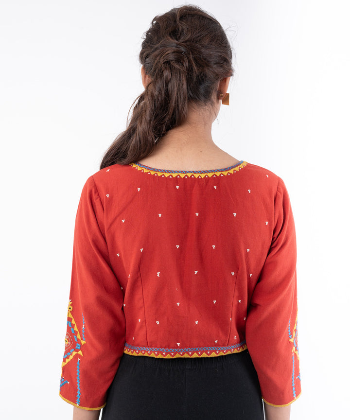 Red handwoven embroidered cotton 3/4 sleeves blouse