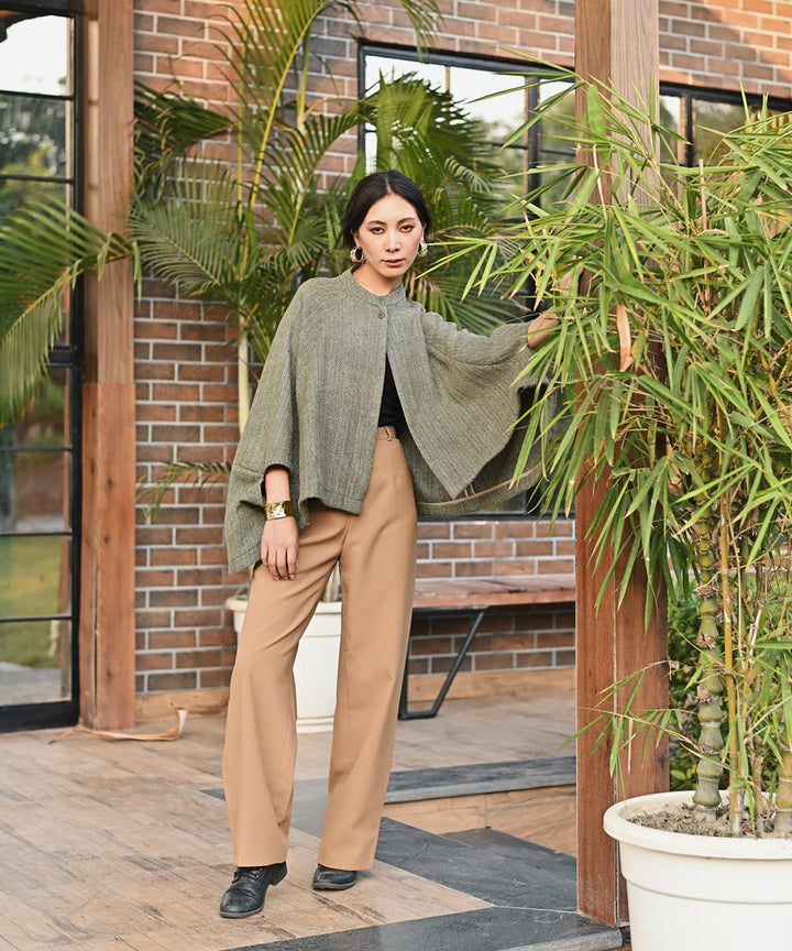 Green handwoven woolen front open poncho