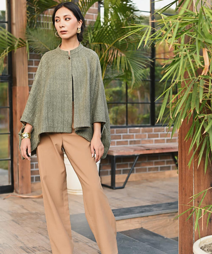 Green handwoven woolen front open poncho