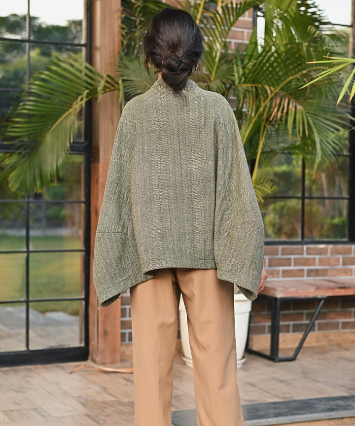 Green handwoven woolen front open poncho