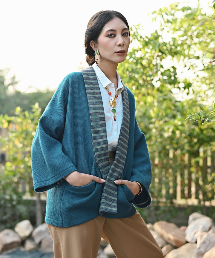 Blue handwoven woolen full sleeve jacket