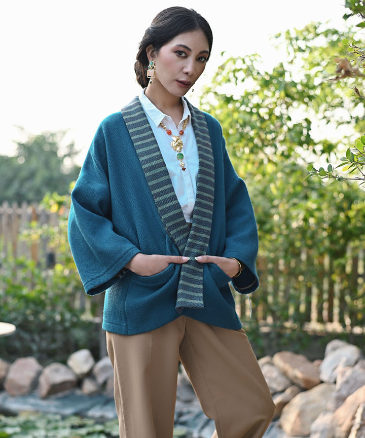 Blue handwoven woolen full sleeve jacket