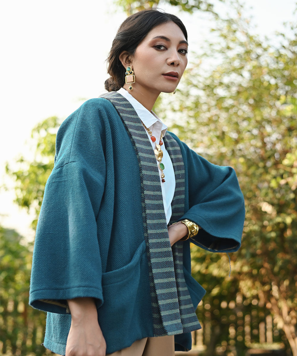 Blue handwoven woolen full sleeve jacket