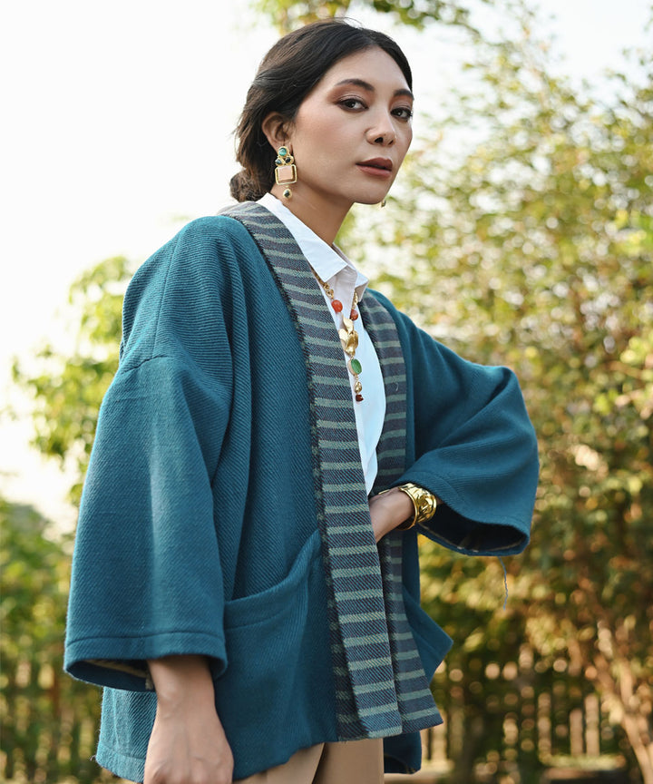 Blue handwoven woolen full sleeve jacket