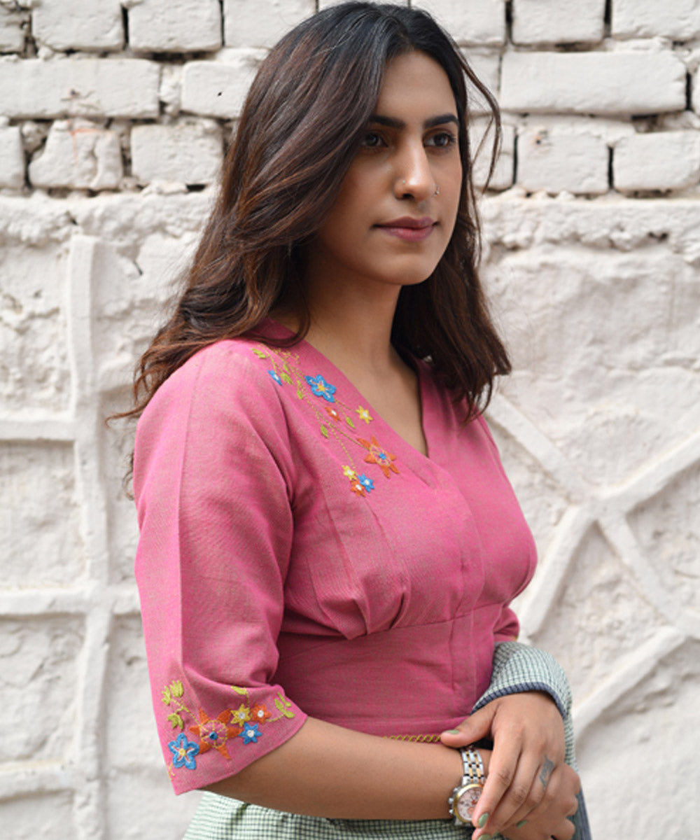 Pink hand embroidered cotton blouse