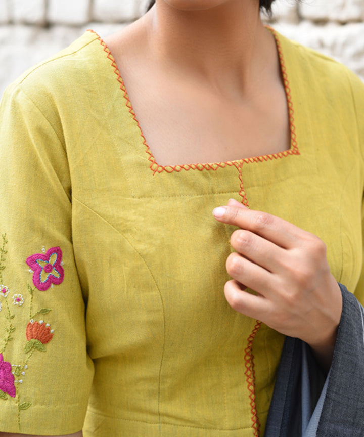 Mustard hand embroidered cotton blouse