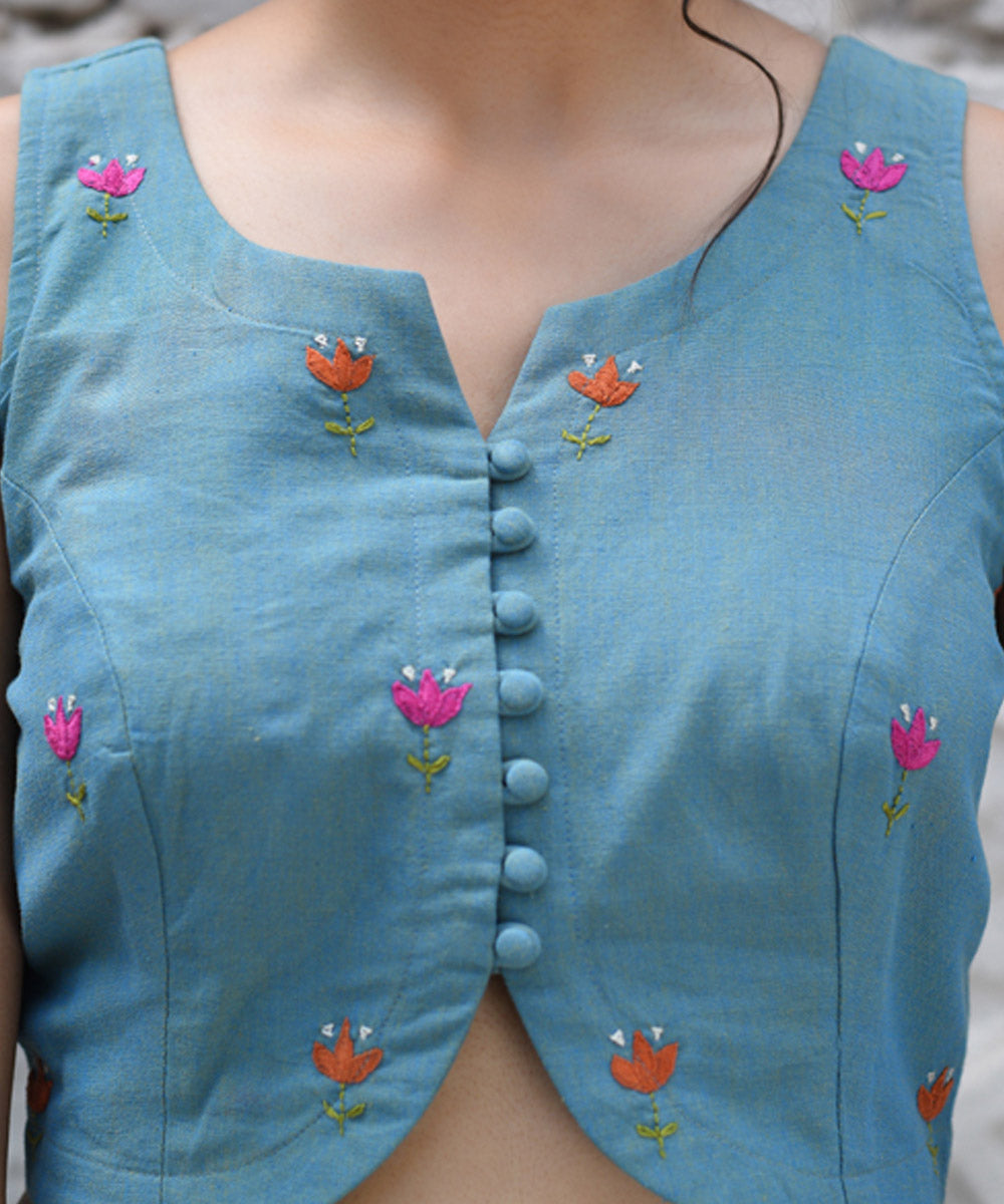 Blue hand cotton embroidered blouse