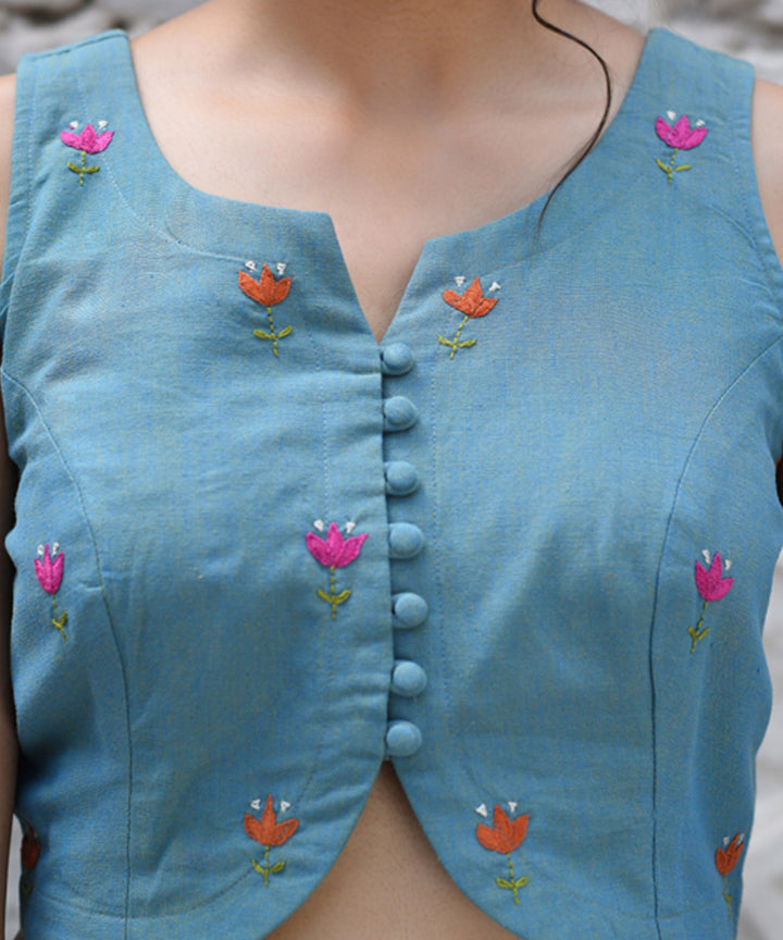 Blue hand cotton embroidered blouse