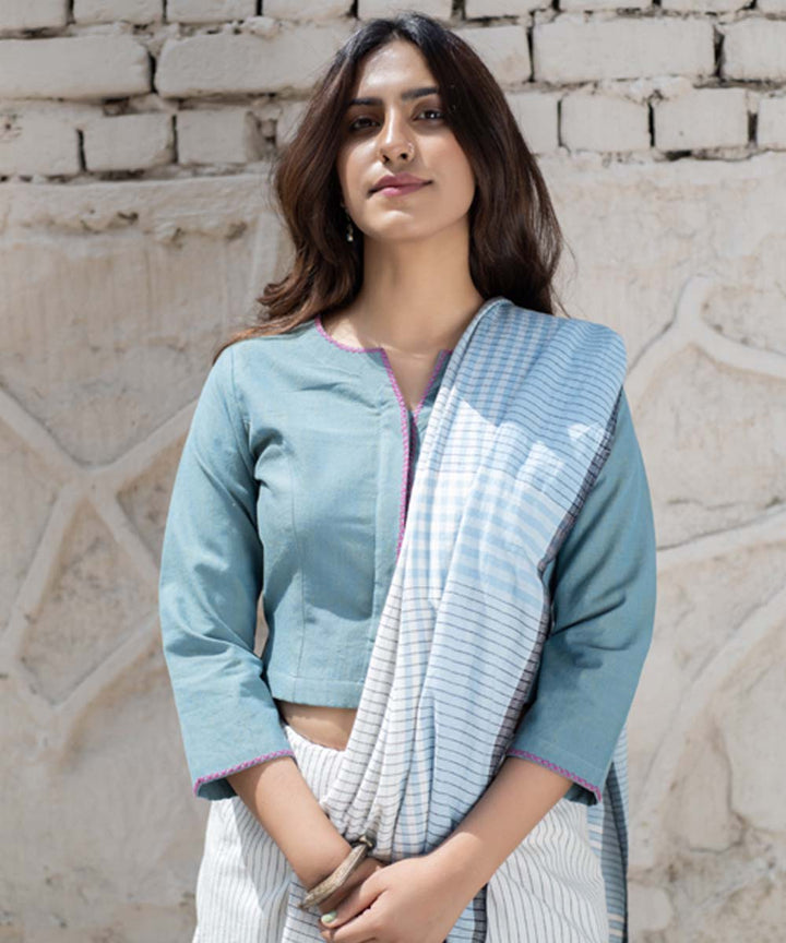 Blue hand embroidered cotton blouse