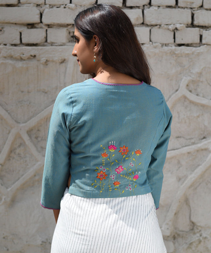 Blue hand embroidered cotton blouse