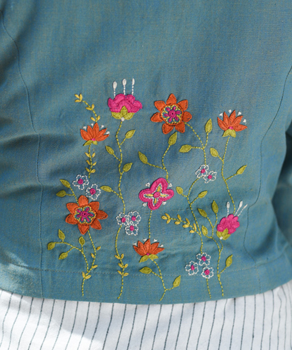 Blue hand embroidered cotton blouse