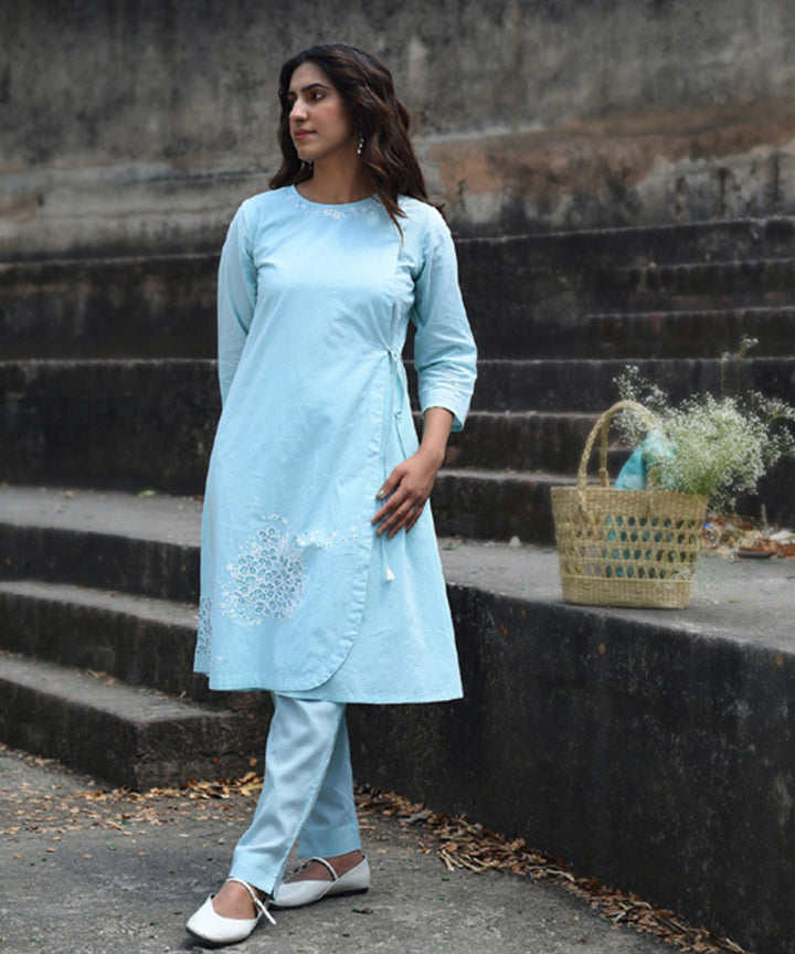 Blue hand embroidered cotton angrakha kurta