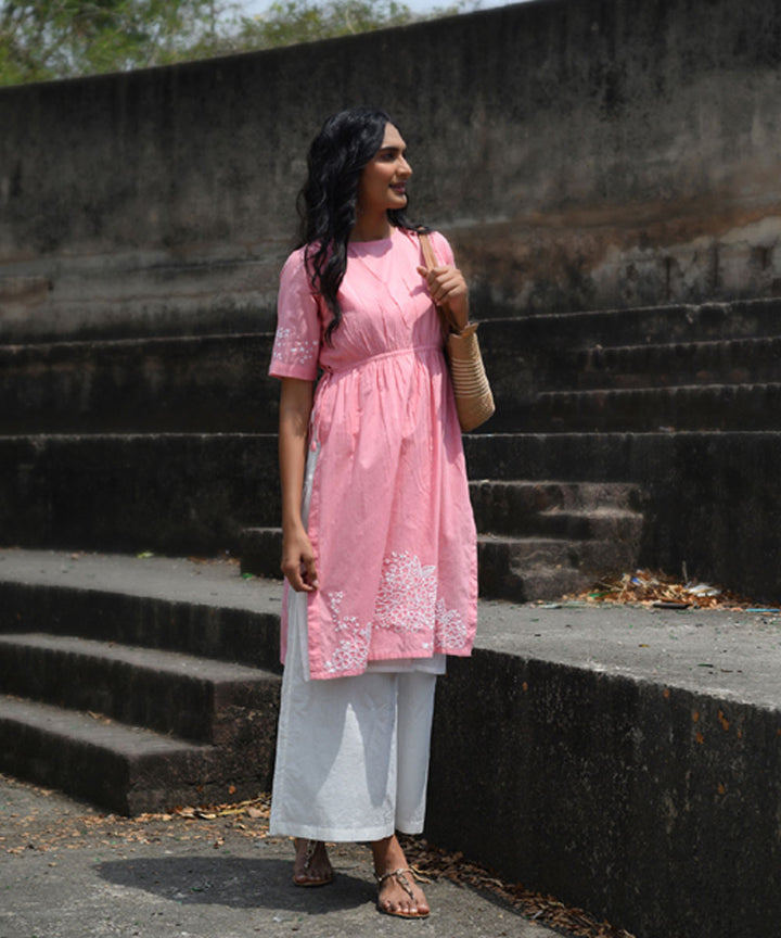 Pink hand embroidered cotton quater sleeves kurta