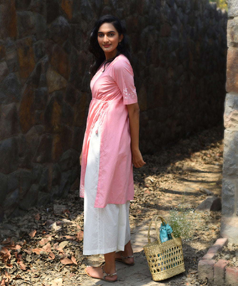 Pink hand embroidered cotton quater sleeves kurta