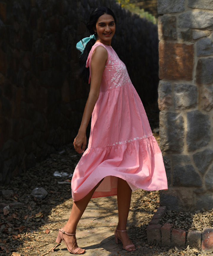 Pink hand embroidered cotton flared dress