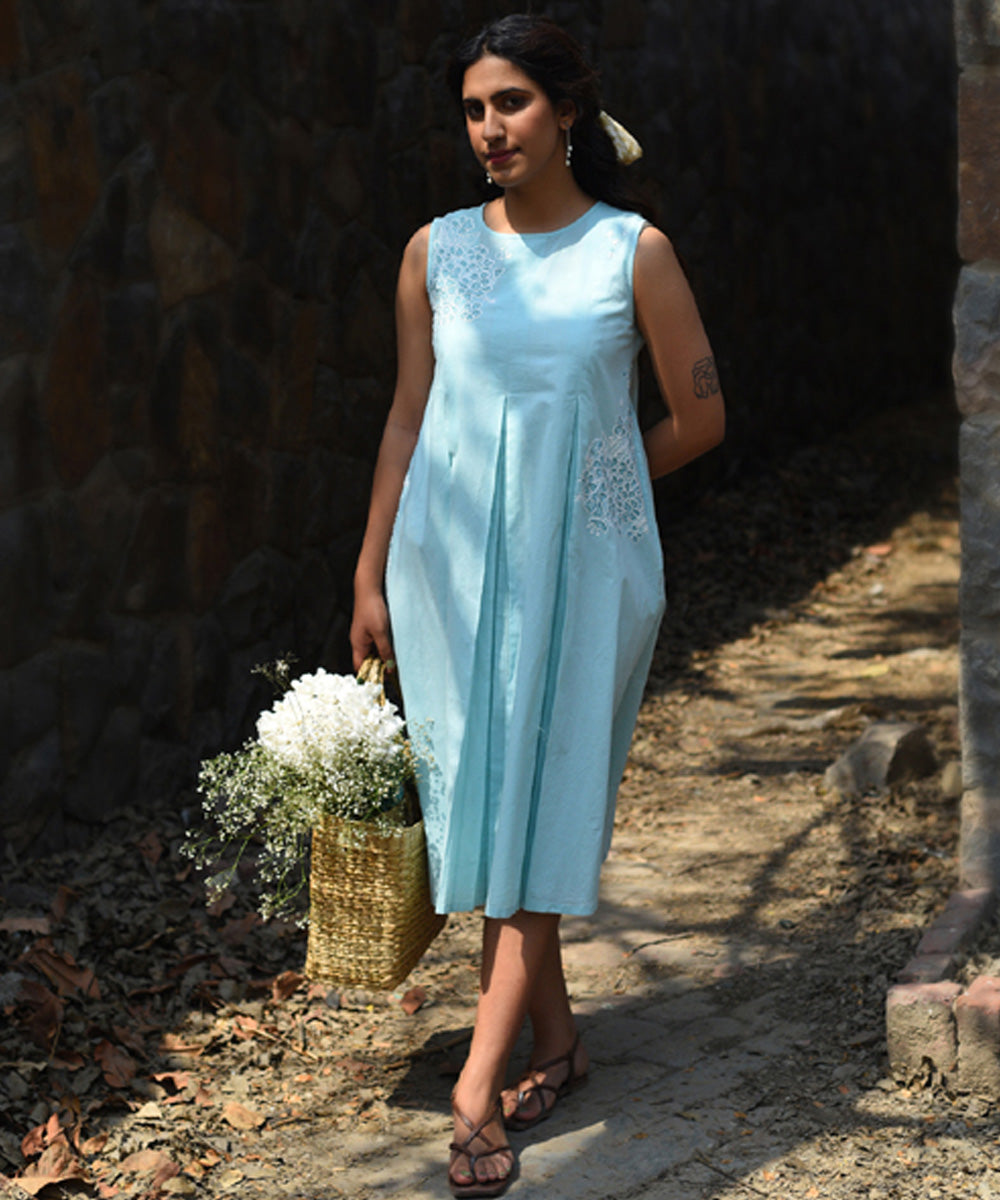 Blue hand embroidered cotton pleated dress