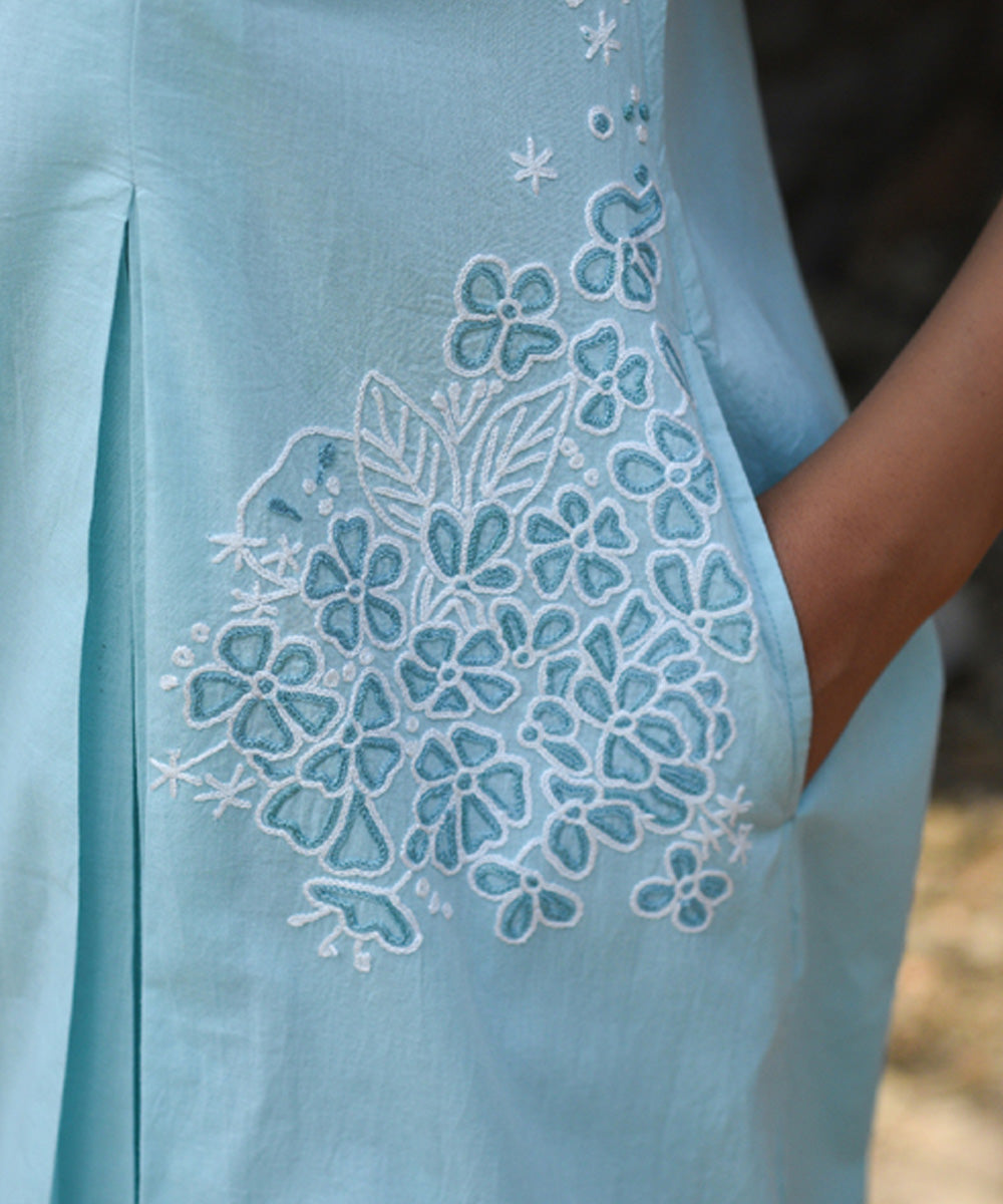 Blue hand embroidered cotton pleated dress