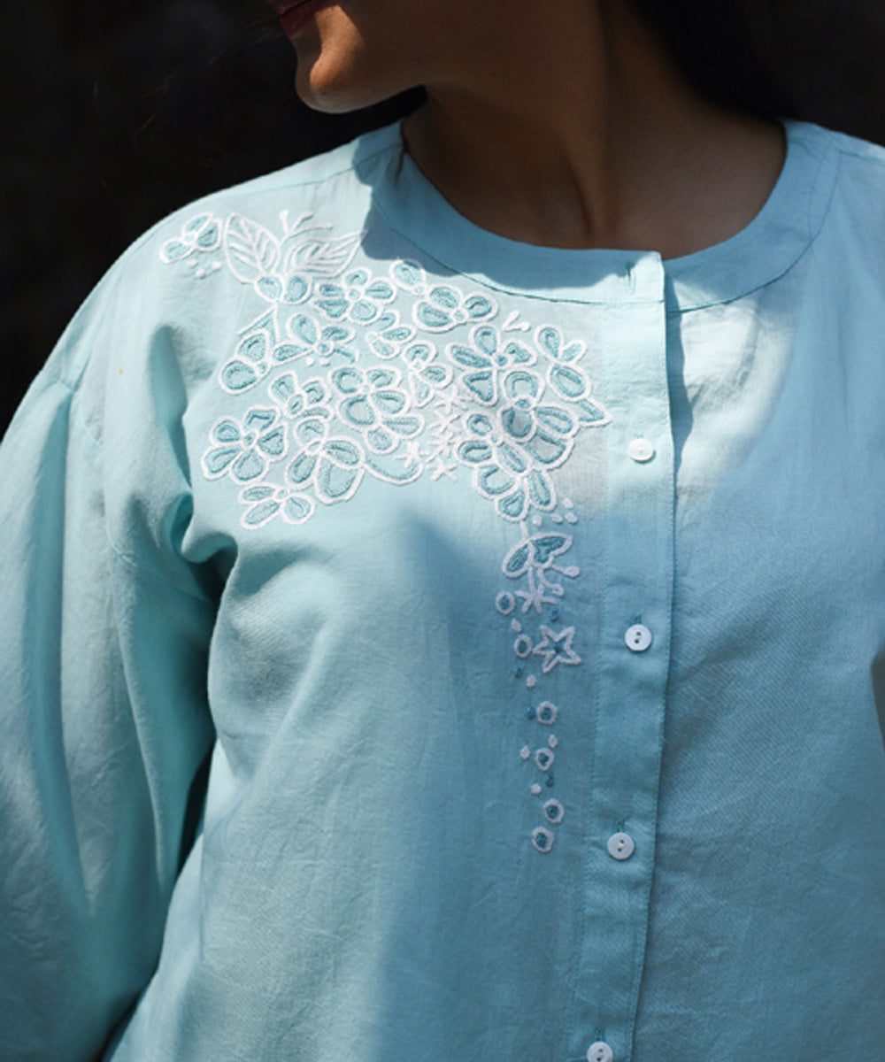 Blue hand embroidered cotton quater sleeves top