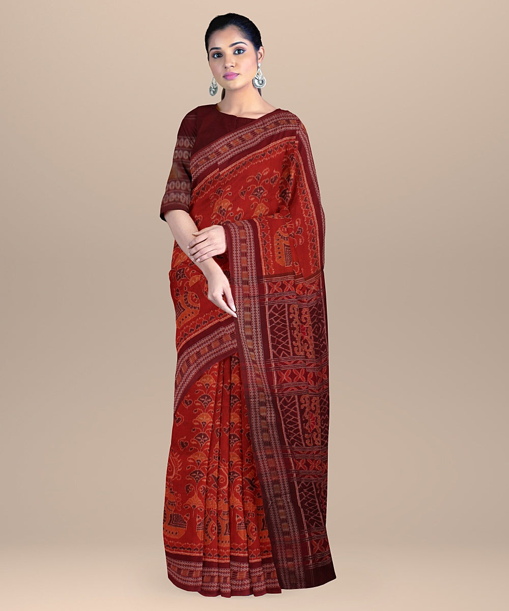 Orange maroon cotton handloom sambalpuri saree